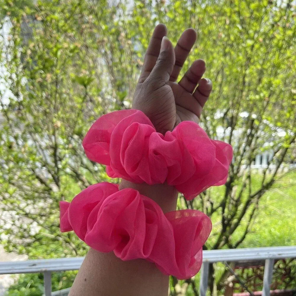 New Pink Chiffon Scrunchie Hair Tie 2 XLarge Set